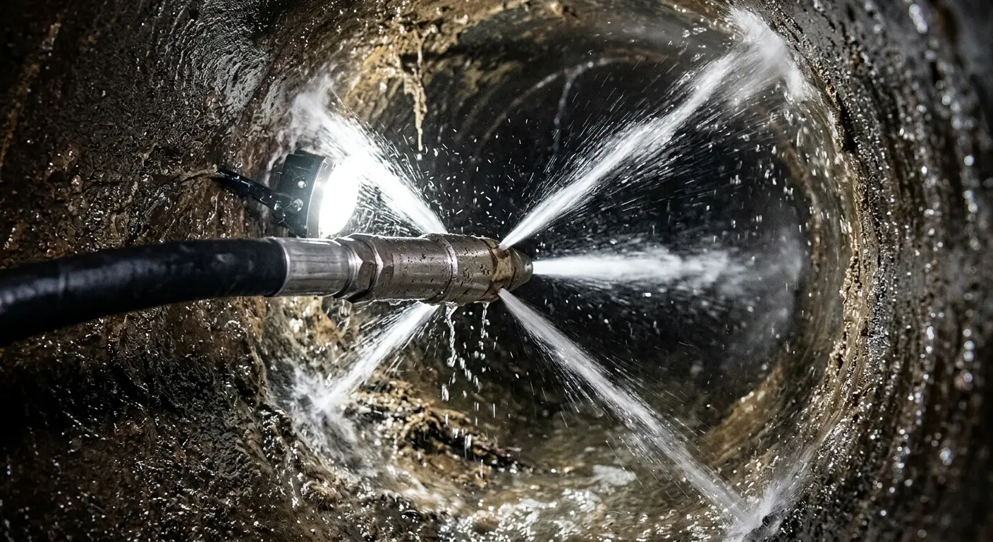 High-pressure hydro jetting nozzle cleaning sewer pipe for Emergency Drain Service in Princeton